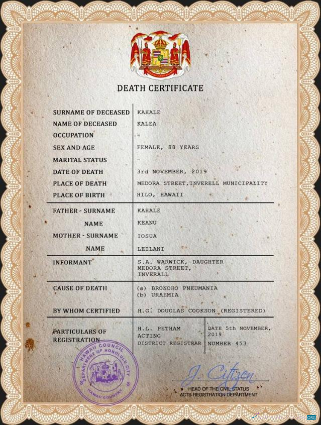Download Hawaii vital record death certificate PSD template Photoshop template